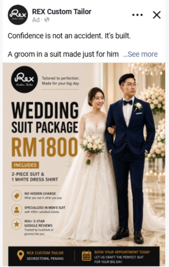 Rex Custom Tailor wedding suit Facebook ad