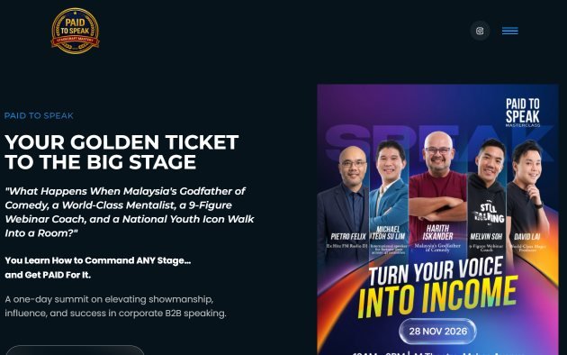 Paid to Speak Masterclass landing page designed by LunaScale
